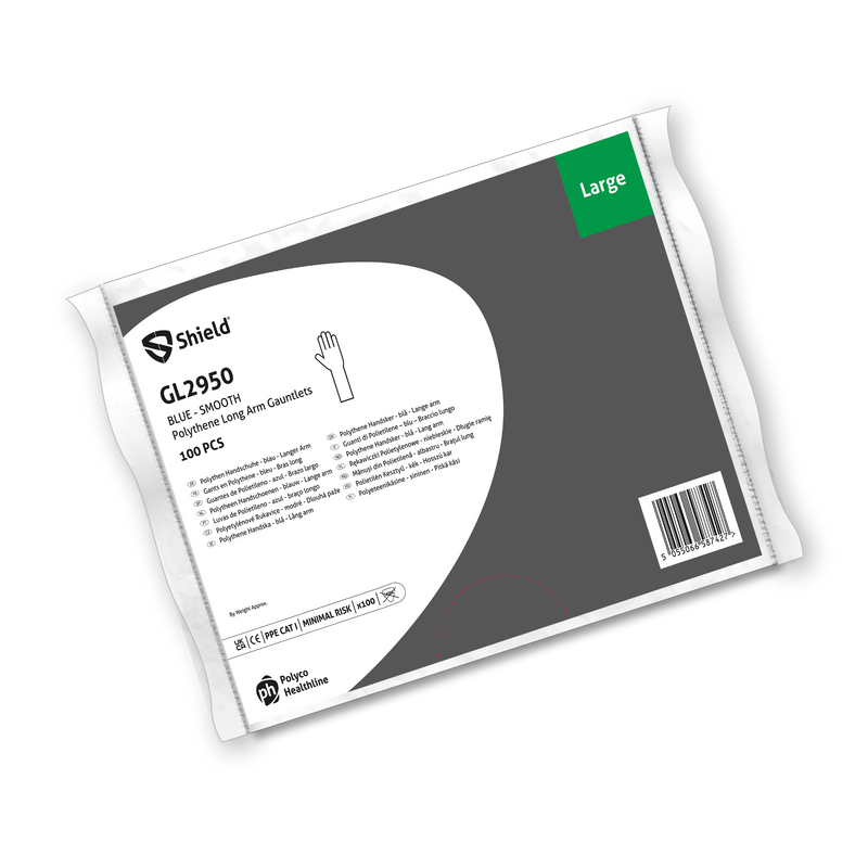 Shield Blue Polythene Long Arm Gauntlets (100 per pack) 90cm GL2950 | Farming, Vets | www.theglovestore.co.uk