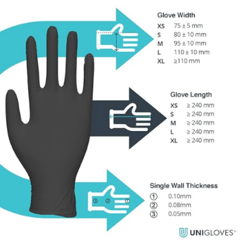 Unigloves Black Pearl Nitrile Examination Gloves GP003, Hand Size Guide