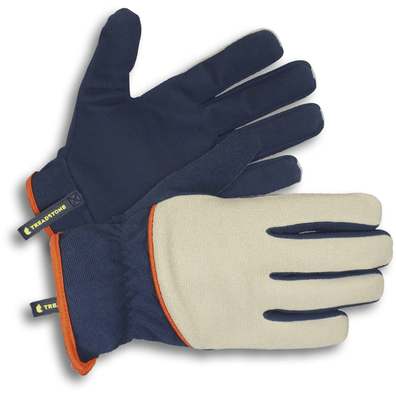 Clip Glove Stretch Fit men's gardening gloves in beige and navy with orange trim, showing palm and back