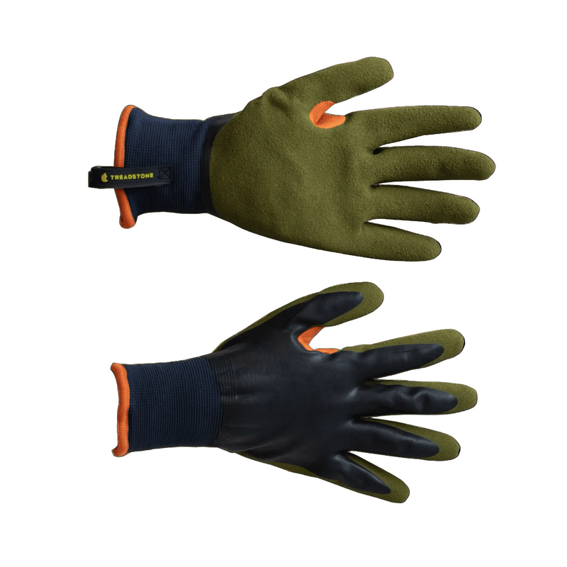 Clip Glove Warm 'N' Waterproof men's gardening gloves in navy and olive green, showing palm and back views.