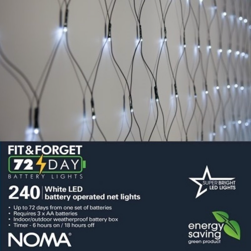 NOMA 'Fit &amp; Forget' 240 Battery Operated LED Net Lights - White | www.theglovestore.co.uk