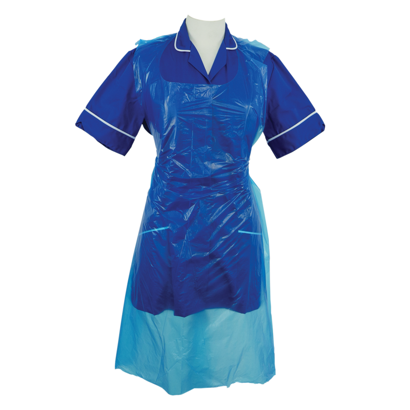 A2/B, Blue apron on a blue Nurses uniform against a white background, www.theglovestore.co.uk