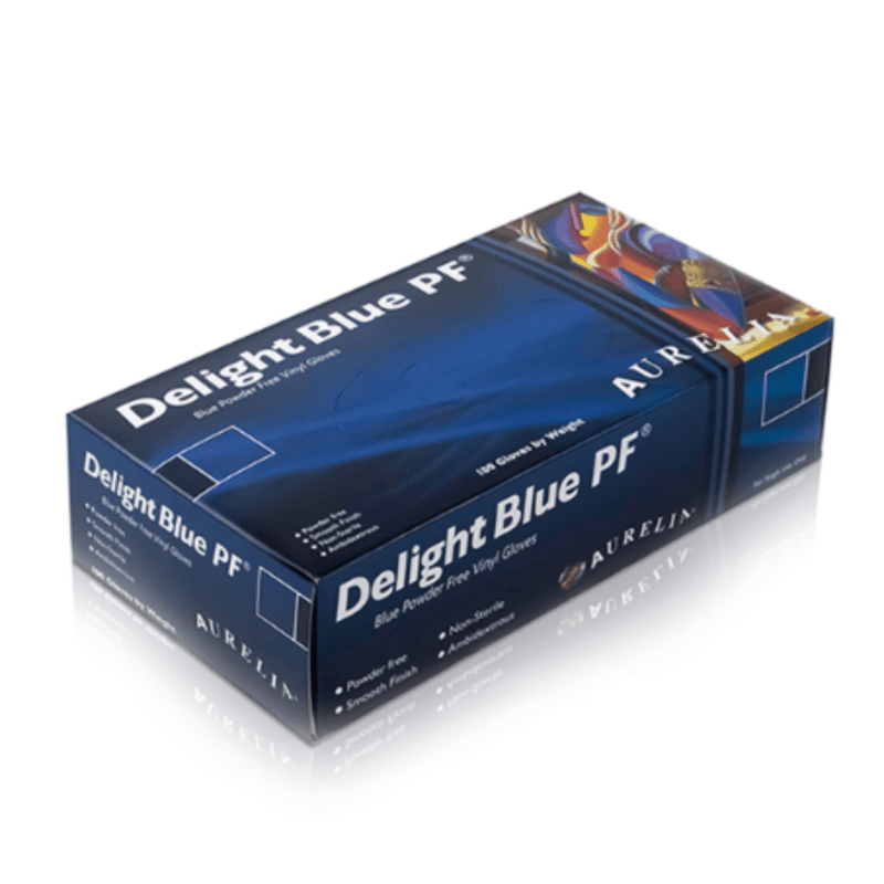 Aurelia 3899 Delight BLUE Powder Free Vinyl Examination Gloves | Box of 100 Food Safe Gloves | www.theglovestore.co.uk