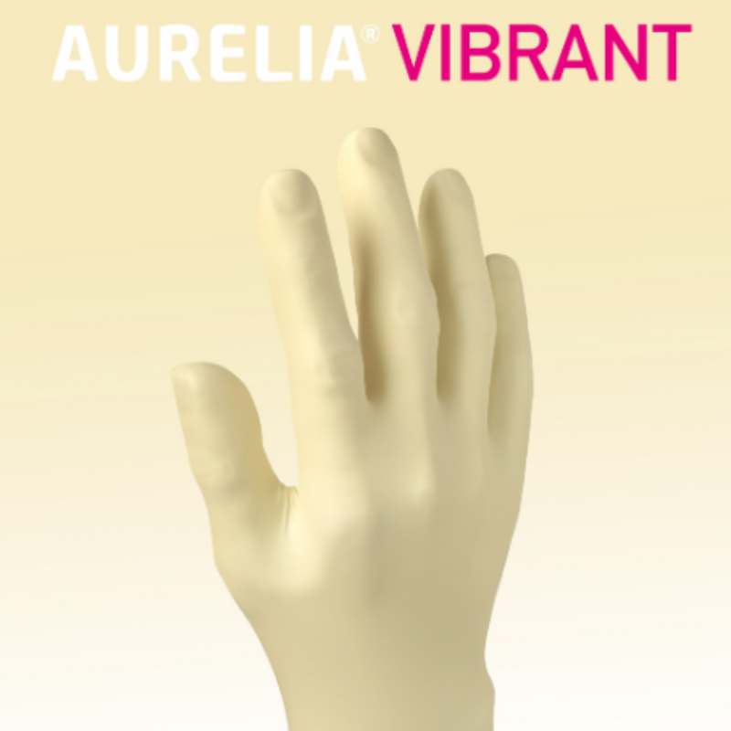 Beige glove on a beige background with 'Aurelia Vibrant' text.
