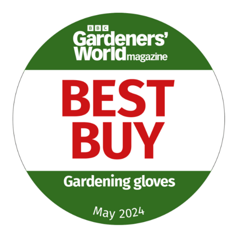 Badge from BBC Gardeners' World magazine declaring gardening gloves as 'Best Buy' for May 2024.