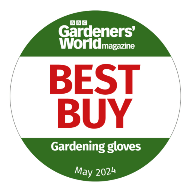 A circular badge reading BBC Gardeners' World magazine BEST BUY Gardening gloves May 2024, with green top and bottom bands, a white center, and large red text.