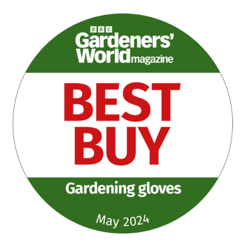 Badge from BBC Gardeners' World Magazine declaring gardening gloves as 'Best Buy' for May 2024.