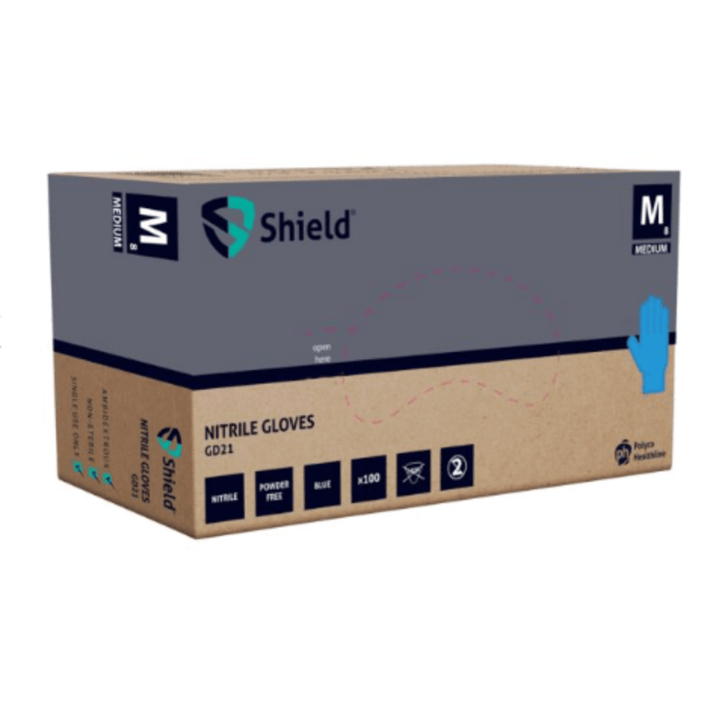 Shield GD21 Blue Nitrile Powder Free Disposable Gloves | Box of 100 Gloves | www.theglovestore.co.uk