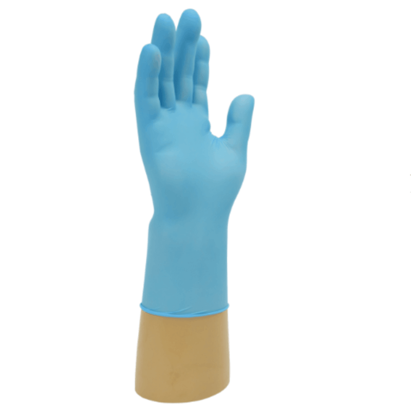 Shield GD21 Blue Nitrile Powder Free Disposable Gloves | Single blue nitrile disposable glove on a hand | www.theglovestore.co.uk