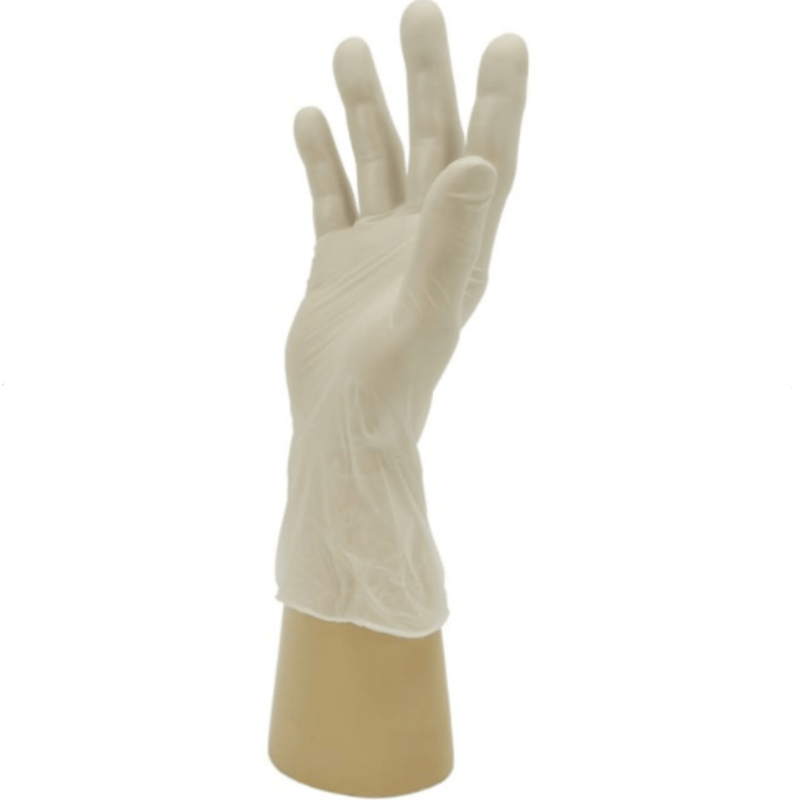 Shield GD47 Powdered Clear Disposable Vinyl Gloves | Single Clear Vinyl Glove on a hand | www.theglovestore.co.uk 