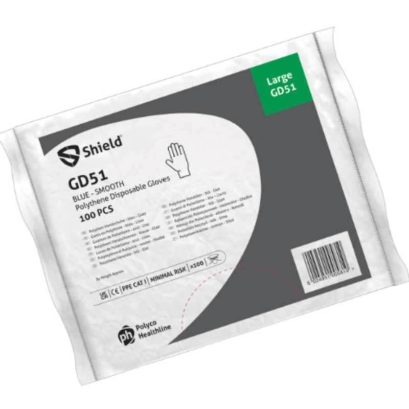Shield GD51 Blue Polythene Smooth Disposable Gloves | 100 blue gloves per pack | www.theglovestore.co.uk