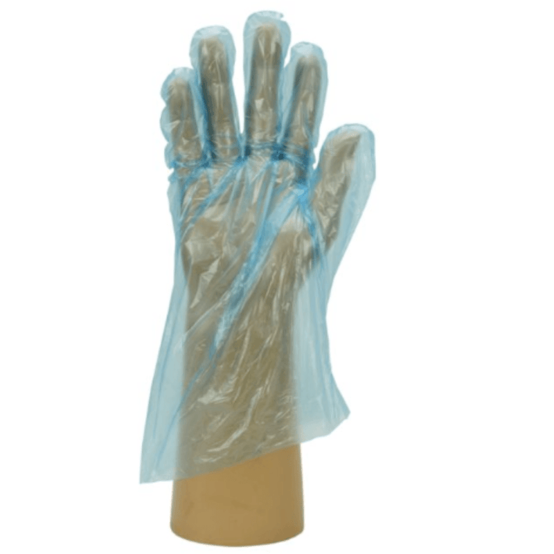 Shield GD51 Blue Polythene Disposable Gloves | Single Polythene Glove on a hand | Suitable for Food Contact | www.theglovestore.co.uk