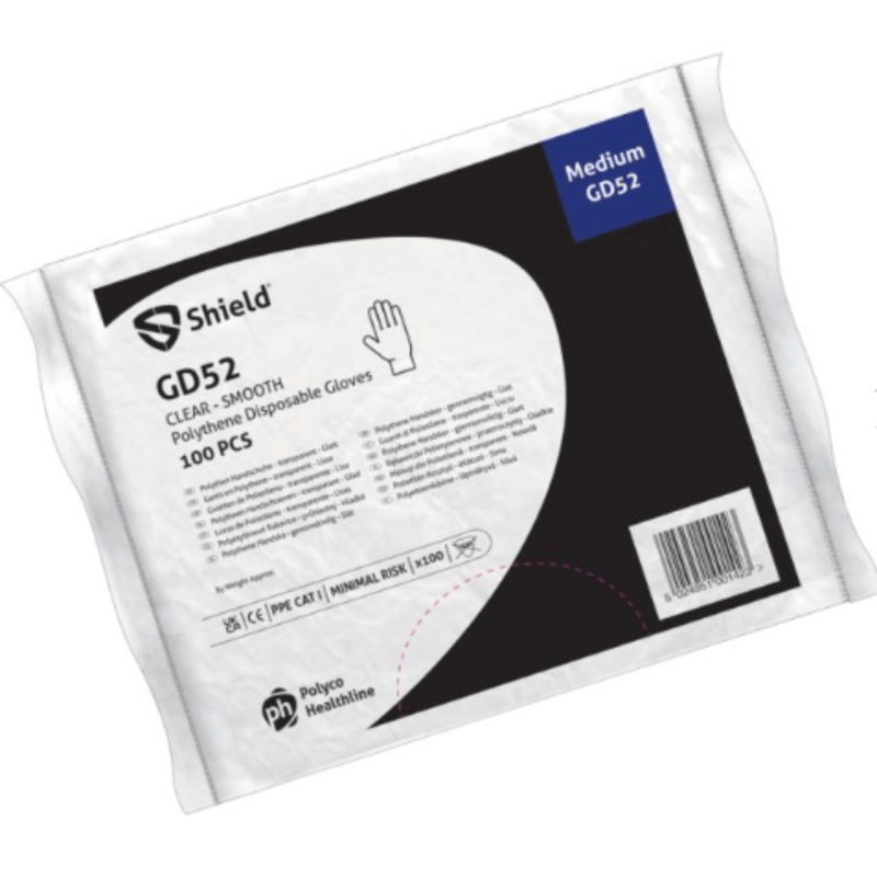 Shield GD52 Clear Polythene Smooth Disposable Gloves | 100 gloves per pack | www.theglovestore.co.uk