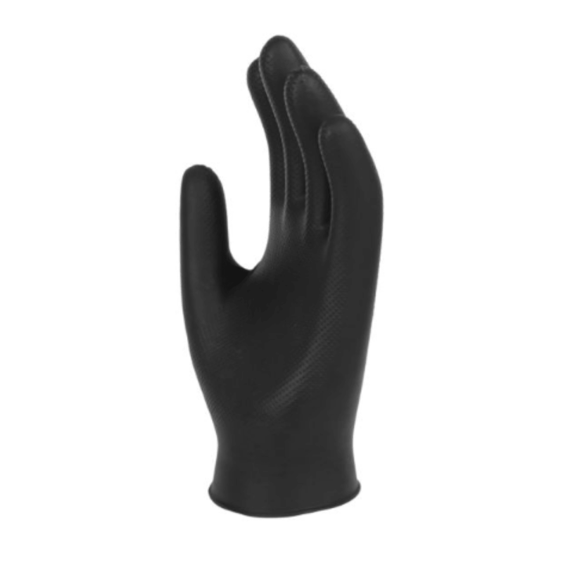 Bodyguards GL100 Finite Black Nitrile Disposable Gloves | Image of one black nitrile glove on a hand | www.theglovestore.co.uk