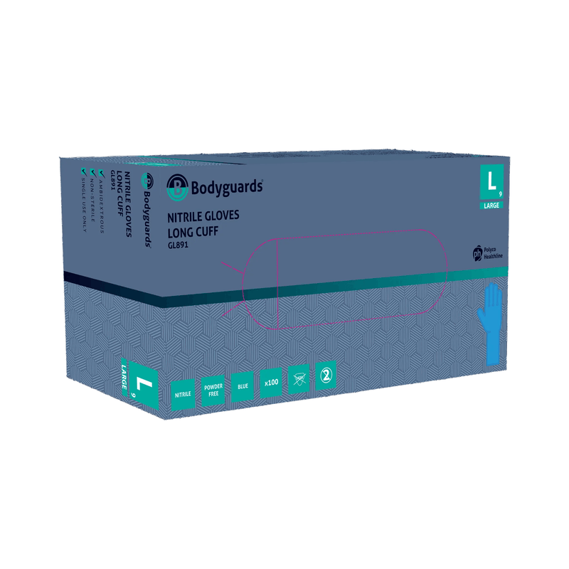 Bodyguards GL891 Longer Cuff Blue Nitrile Examination Gloves | 100 blue nitrile gloves per box | www.theglovestore.co.uk