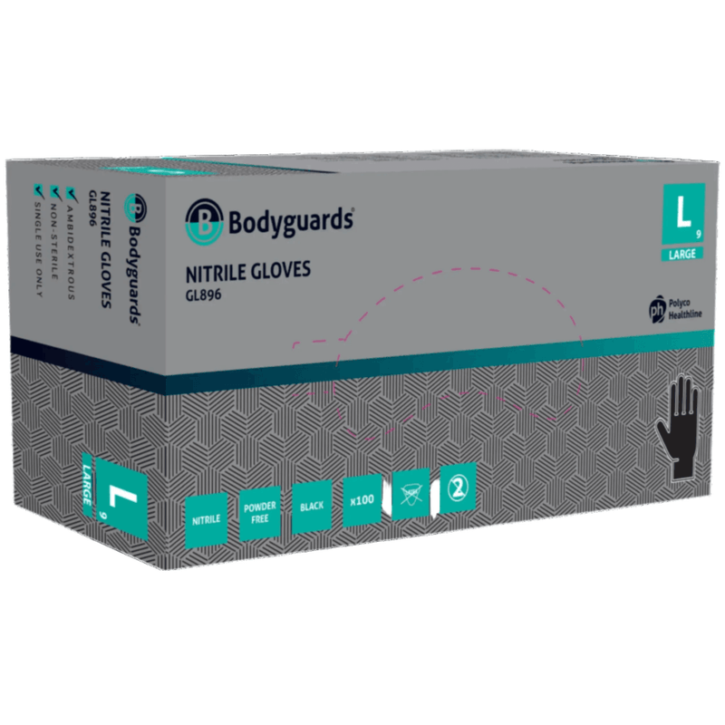 Bodyguards GL896 Black Nitrile Powder Free Examination Gloves | Box of 100 black nitrile gloves | www.theglovestore.co.uk
