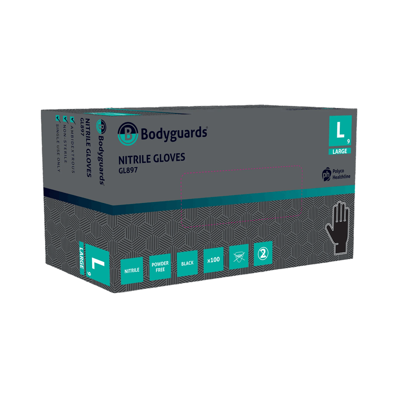 Bodyguards GL897 Black Nitrile Powder Free Examination Gloves | Box of 100 Black Nitrile gloves | Medical / Automotive sectors | www.theglovestore.co.uk