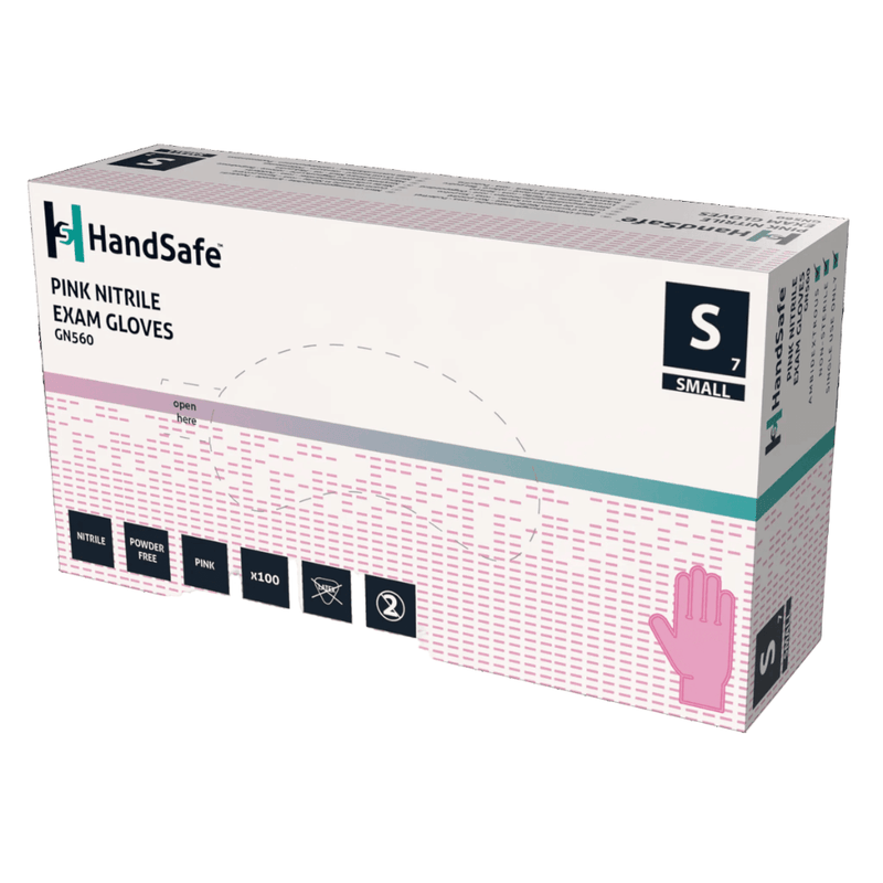 Handsafe GN560 Pink Nitrile Powder Free Examination Gloves | Box of 100 gloves inner view, size small | www.theglovestore.co.uk
