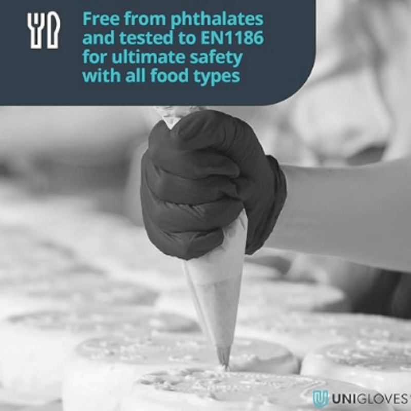 Unigloves GP003 Black Pearl Nitrile Examination Gloves | Free from phthalates and tested to EN1186 for ultimate safety with all food types | www.theglovestore.co.uk