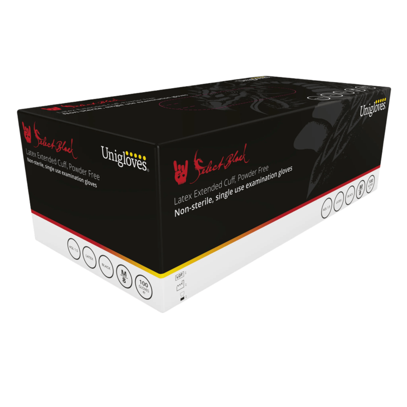 Unigloves GT002 Select Black Latex Examination Gloves | Box of 100 Latex Gloves | Powder Free | Medical Grade Latex Gloves | www.theglovestore.co.uk