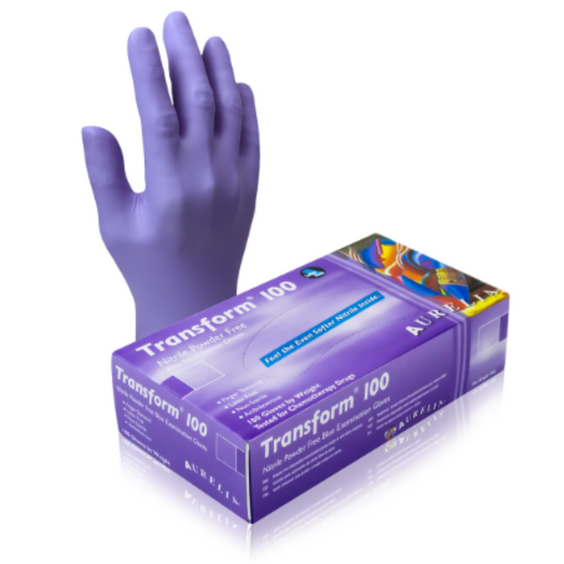 Aurelia Transform 100 Powder Free Blue Nitrile Examination Gloves, 9889A | www.theglovestore.co.uk