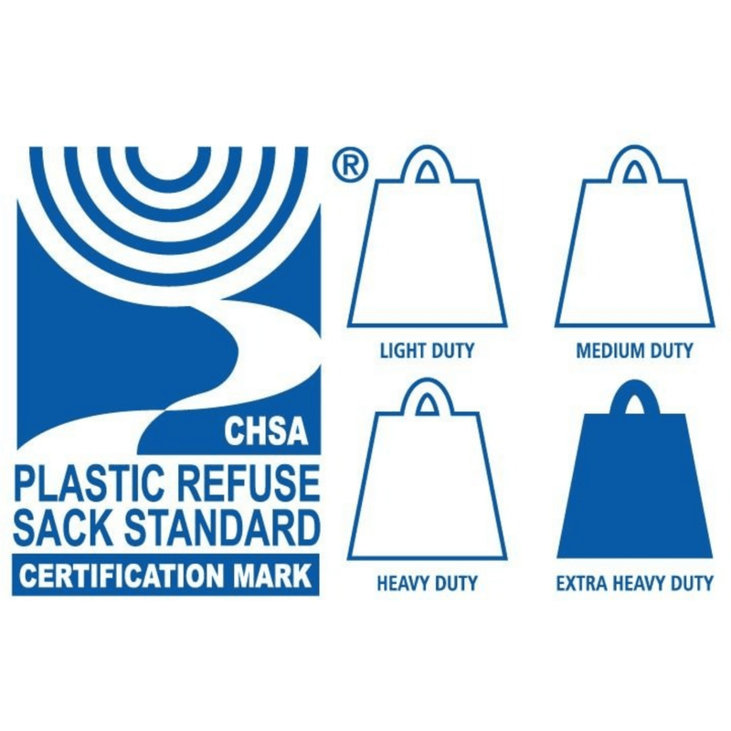 Blue and white CHSA Plastic Refuse Sack Standard Certification Mark graphic showing four bag icons labeled Light Duty, Medium Duty, Heavy Duty, and Extra Heavy Duty.